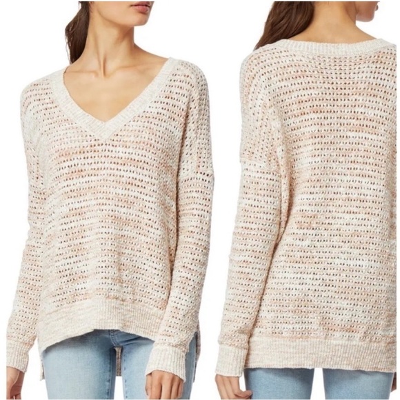 HABITUAL Beige Sheer Ribbed Vented Sides Unlined V Neck Sweater NWOT - Picture 1 of 7